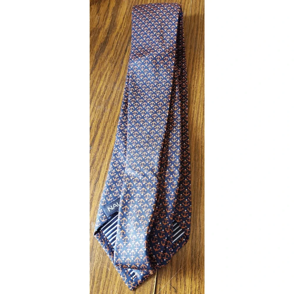 Nautica Blue With Orange Anchors Nautical Design Silk Necktie Tie